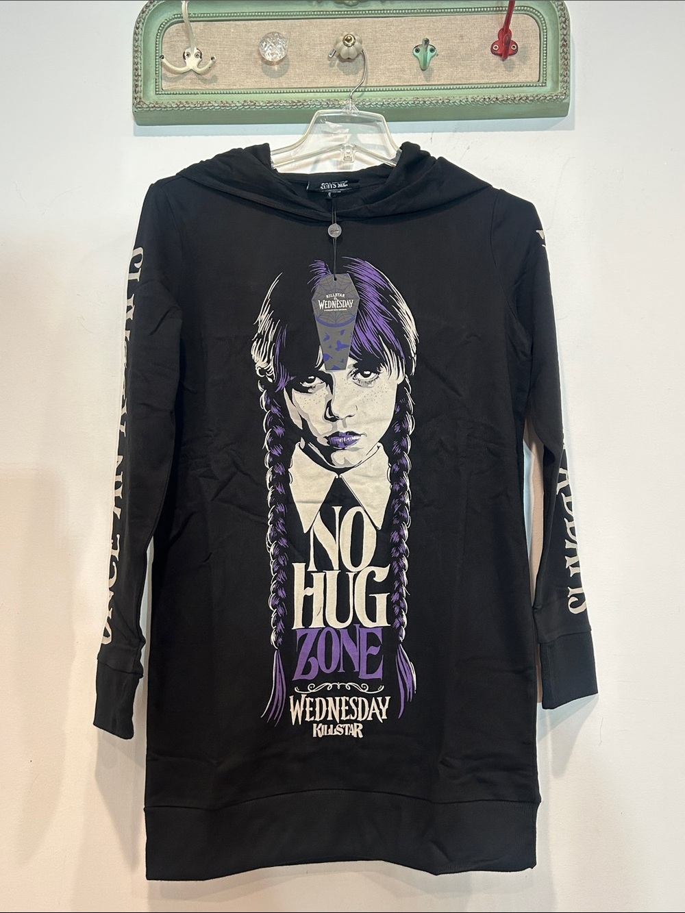 Killstar Black Hoodie sweatshirt Dress Purple Wednesday Addams no hug zone large